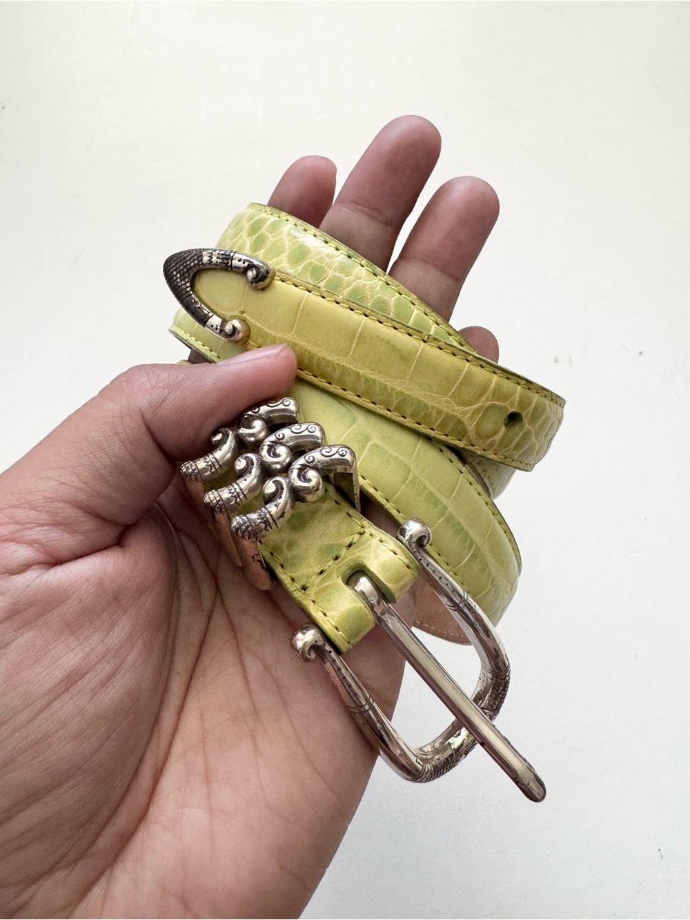 Brighton Lime Green Croc-Embossed Leather Belt with Silver Buckle size L 34